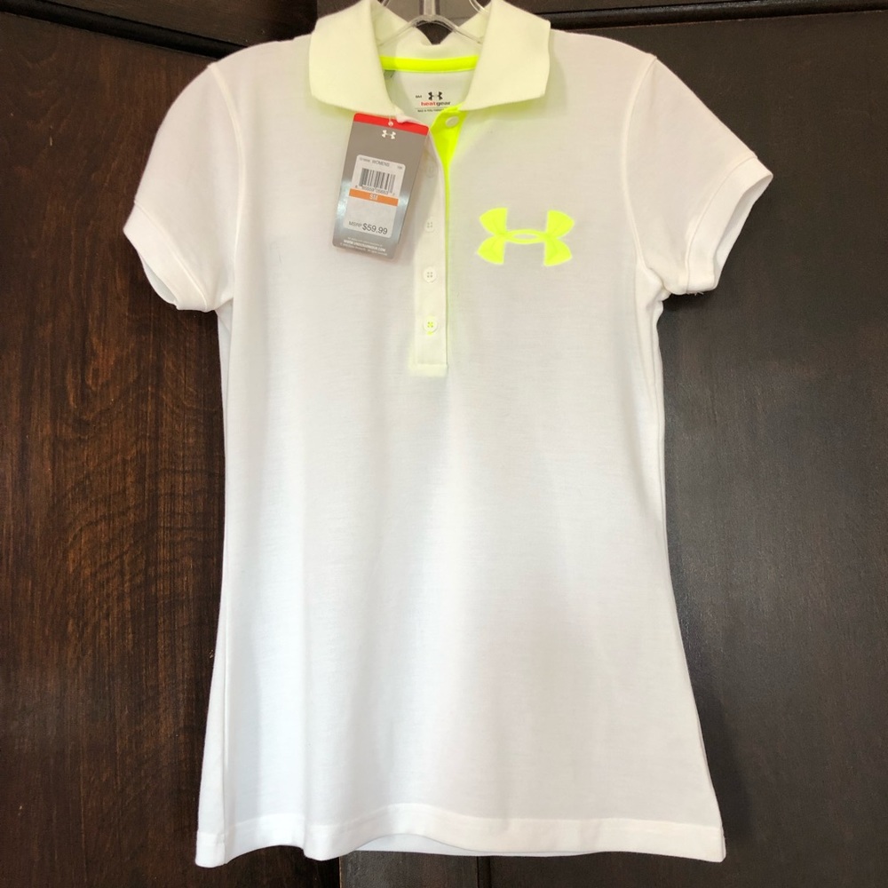 Under Armour HeatGear Womens white polo top small UPF 30+ semi fitted golf
